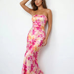 Pink Orange Floral Print Strapless Satin Mermaid Maxi Dress