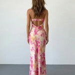 Pink Orange Floral Print Strapless Satin Mermaid Maxi Dress