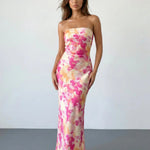 Pink Orange Floral Print Strapless Satin Mermaid Maxi Dress
