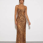 Leopard Print Bias Cut Cowl Neck Sleeveless Maxi Party Dress