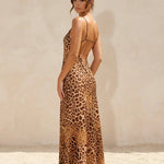 Leopard Print Bias Cut Cowl Neck Sleeveless Maxi Party Dress