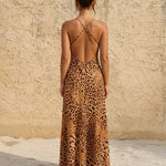 Leopard Print Bias Cut Cowl Neck Sleeveless Maxi Party Dress