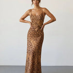 Leopard Print Bias Cut Cowl Neck Sleeveless Maxi Party Dress