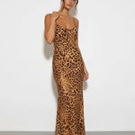 Leopard Print Bias Cut Cowl Neck Sleeveless Maxi Party Dress