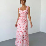 Pink Red Rose Print Ruched Bust Wide Strap Maxi Dress