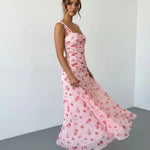 Pink Red Rose Print Ruched Bust Wide Strap Maxi Dress