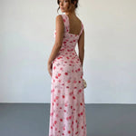 Pink Red Rose Print Ruched Bust Wide Strap Maxi Dress
