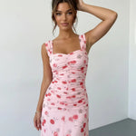 Pink Red Rose Print Ruched Bust Wide Strap Maxi Dress