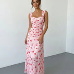 Pink Red Rose Print Ruched Bust Wide Strap Maxi Dress