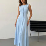 Light Blue Button Front Sleeveless A Line Maxi Dress