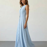 Light Blue Button Front Sleeveless A Line Maxi Dress
