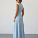 Light Blue Button Front Sleeveless A Line Maxi Dress