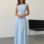 Light Blue Button Front Sleeveless A Line Maxi Dress
