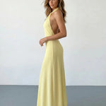 Buttery Yellow Halter Twist Neck Textured Maxi Dress