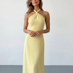 Buttery Yellow Halter Twist Neck Textured Maxi Dress