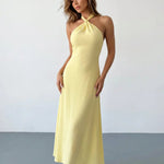 Buttery Yellow Halter Twist Neck Textured Maxi Dress
