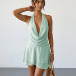 Mint Green Sexy Halter Neck Backless Draped Mini Dress