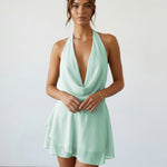 Mint Green Sexy Halter Neck Backless Draped Mini Dress