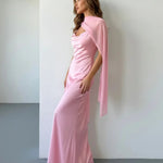 Pink Satin Cowl Neck with Chiffon Cape Overlay Maxi Dress