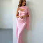 Pink Satin Cowl Neck with Chiffon Cape Overlay Maxi Dress