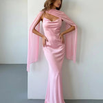 Pink Satin Cowl Neck with Chiffon Cape Overlay Maxi Dress