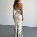 Cream Strapless Floral Print Mermaid Bodycon Maxi Dress
