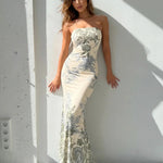 Cream Strapless Floral Print Mermaid Bodycon Maxi Dress