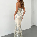 Cream Strapless Floral Print Mermaid Bodycon Maxi Dress