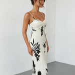White Black Floral Print Twist Bust Pleated Maxi Dress