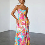 Multicolor Tropical Floral Print Sweetheart Neck Midi Dress