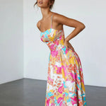 Multicolor Tropical Floral Print Sweetheart Neck Midi Dress