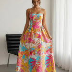 Multicolor Tropical Floral Print Sweetheart Neck Midi Dress