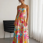 Multicolor Tropical Floral Print Sweetheart Neck Midi Dress