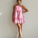 Hot Pink Halter Neck Layered Ruffle Mini Dress