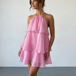 Hot Pink Halter Neck Layered Ruffle Mini Dress