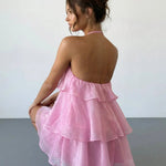 Hot Pink Halter Neck Layered Ruffle Mini Dress