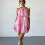Hot Pink Halter Neck Layered Ruffle Mini Dress