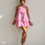 Hot Pink Halter Neck Layered Ruffle Mini Dress