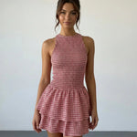 Red Smocked Gingham Tiered Ruffle Slim Fit Mini Dress
