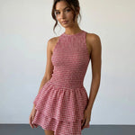 Red Smocked Gingham Tiered Ruffle Slim Fit Mini Dress