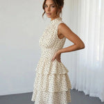 White Black Polka Dots Tiered Floral Print Slim Fit Mini Dress
