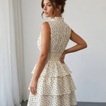 White Black Polka Dots Tiered Floral Print Slim Fit Mini Dress