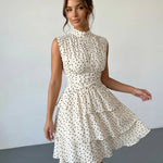White Black Polka Dots Tiered Floral Print Slim Fit Mini Dress