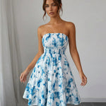 Blue Floral Print Strapless Smocked Tiered Mini Dress