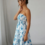 Blue Floral Print Strapless Smocked Tiered Mini Dress