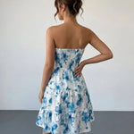 Blue Floral Print Strapless Smocked Tiered Mini Dress