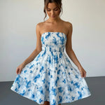 Blue Floral Print Strapless Smocked Tiered Mini Dress