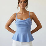 Light Blue Cowl Neck Spaghetti Strap Peplum Top