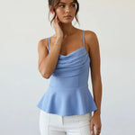 Light Blue Cowl Neck Spaghetti Strap Peplum Top