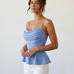 Light Blue Cowl Neck Spaghetti Strap Peplum Top